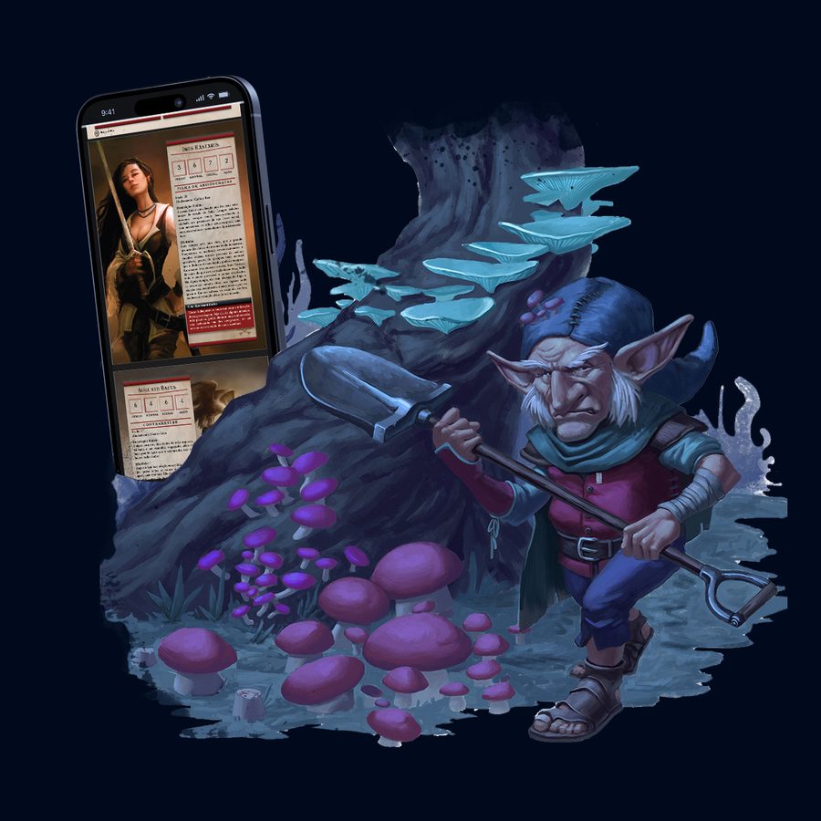 Um goblin com uma pá ao lado de um celular mostrando fichas de personagem do Clube