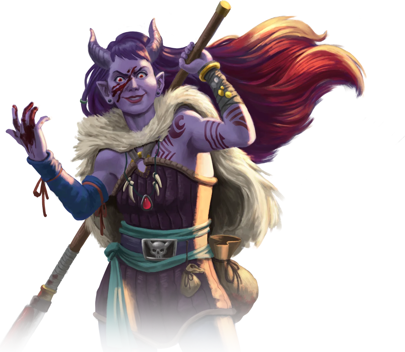 A tiefling do Clube, com uma lança no ombro